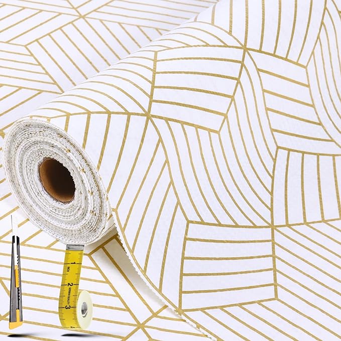 Shelf Liners for Kitchen Cabinets 17.5in x 20FT, Non Adhesive Cabinet Liner Strong Non-Slip Thickened Gold Geometric Drawer Liner, Easy to Clean for Shelf, Cabinet with Knife and Tape Measure