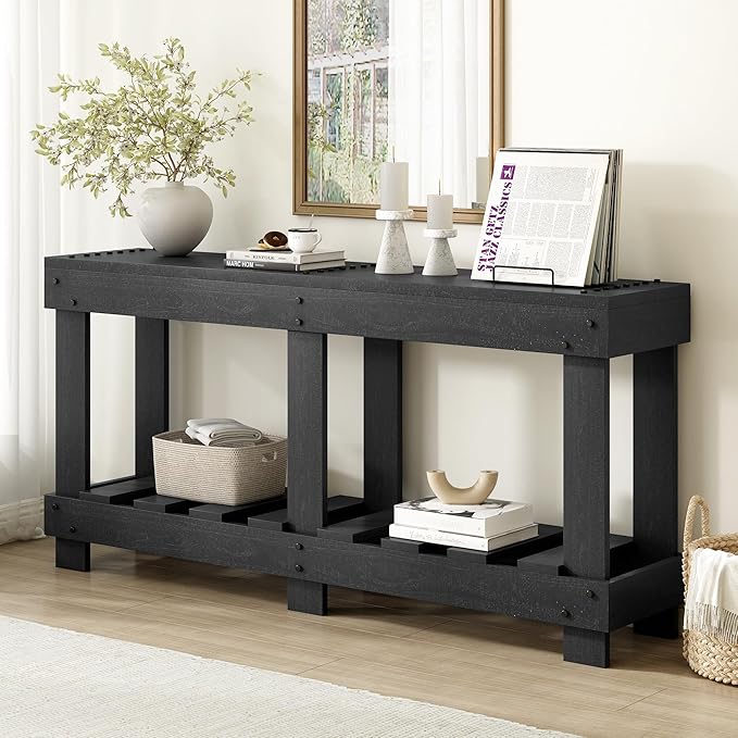62.9" Vintage Entryway Table - Solid Cedar Wood with Natural Grain, 6 Reinforced Legs & 4.5" Thick Desktop, Metal Rivet Decor & Plank Under-Shelf, Console Table for Hallway, Living Room (Black)