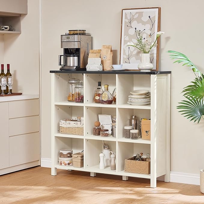 9 Cube Bookcase, Farmhouse 47 Inch Wide White Bookshelf, Wooden 3 Tier Display Large Open Book Shelf, Vintage Horizontal Book Case for Home Office, Cubby Storage Cabinet for Living Room