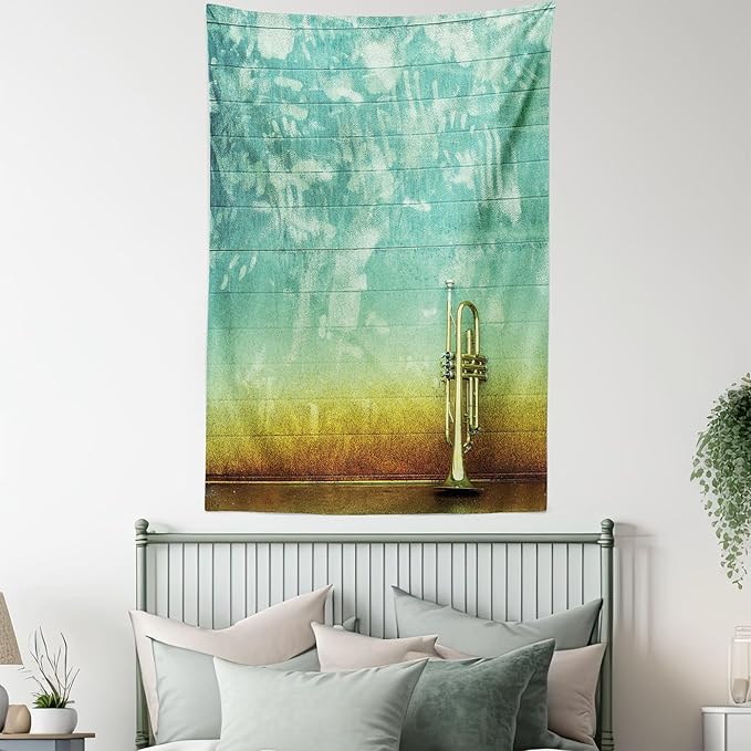 Ambesonne Music Tapestry, Old Aged Worn Single Trumpet Stands Alone Against a Faded Wall Jazz Theme Photo, Fabric Wall Hanging Decor for Bedroom Living Room Dorm, 30" X 45", Teal Brown