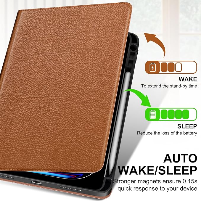Genuine Leather Case for iPad 11th Gen 11/10th Gen 10.9 Black | Pencil Holder Adjustable Stand Auto Wake/Sleep Shockproof