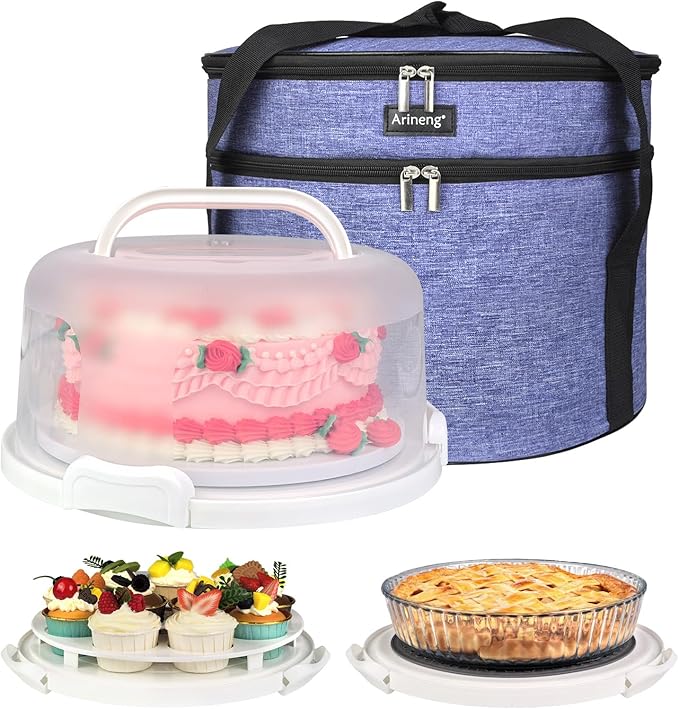 10 inch Round Cake Carrier Box with Lid and Handle, Transportation Insulated Bag for Cakes, Cupcakes and Pies, Triple Locking Design for Safe Transportation (Purple, 5.5 Inches High)