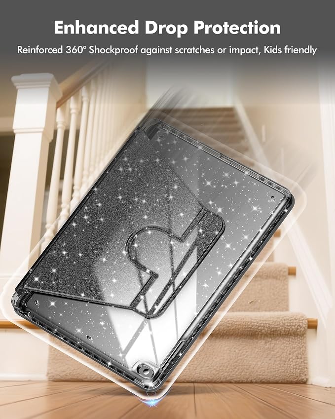 INFILAND Rotating Case for iPad 6th / 5th Generation (2018/2017) iPad 9.7 Inch Case iPad Air 2 / iPad Air 1 360 Rotating Cute Glitter Cover with Clear Back Pencil Holder (Black)
