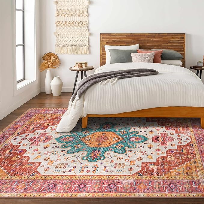 Moynesa Ultra-Thin Washable 10x14 Area Rugs for Bedroom, Pink Large Living Room Rug Non Slip, Medallion Oriental Indoor Floor Carpet for Dining Room Table Dorm Home Office Decor