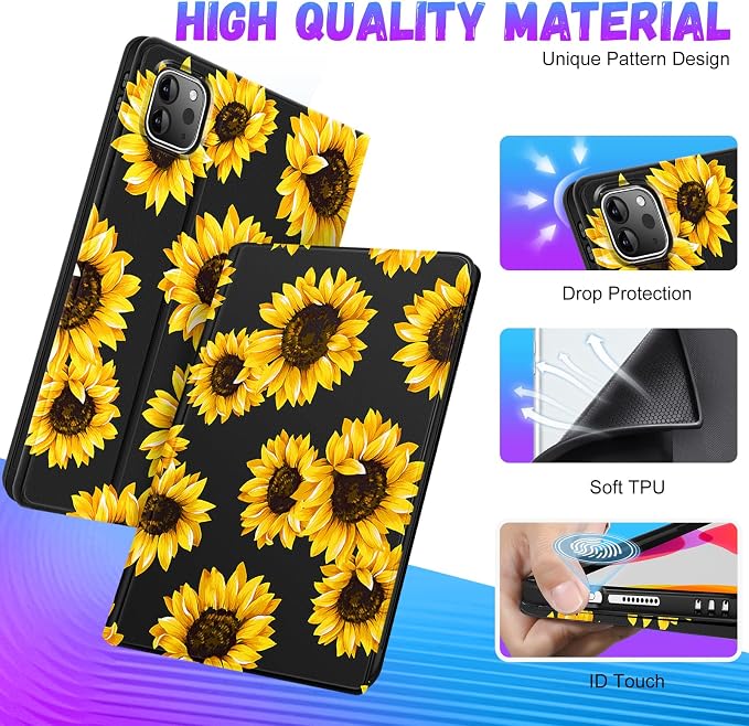Uppuppy for iPad Pro 12.9 Case Kids Folio PU Leather Cover with Apple Pencil Holder Auto Sleep/Wake Adjustable Angles for iPad Pro 12.9 6th/5th/4th/3rd Gen Sun Moon Black