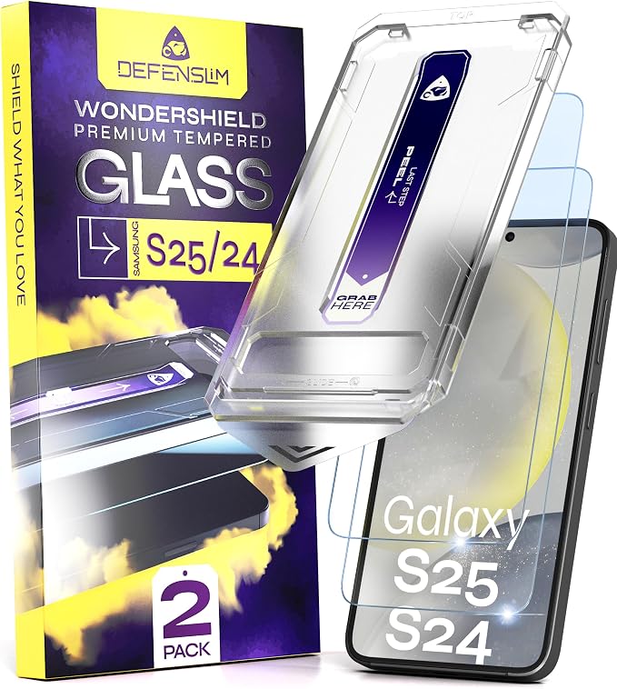 Defenslim for Samsung GALAXY S25 / S24 Screen Protector (2Pack) Easy Auto-Dust &amp Align Install Kit 6.2 Tempered Glass 9H Hardness Ultra HD Clear Case Friendly WonderShield