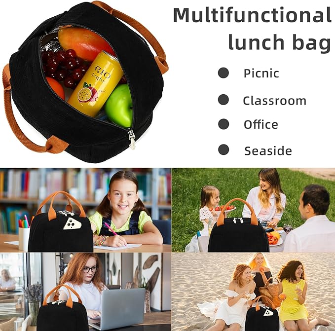 LEDAOU Lunch Box for Women Insulated Lunch Bag Corduroy Lunch Tote Bags Leakproof Cooler Lunch Case for Travel Work Picnic