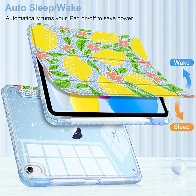 MEEgoodo Case for iPad A16 11th Generation 2025/10th Generation 2022 Glitter Tablet Cases with Transparent Acrylic Back+Trifold Stand +Pencil Holder+Auto Wake/SleepAbstract Sun &amp Palm Tree