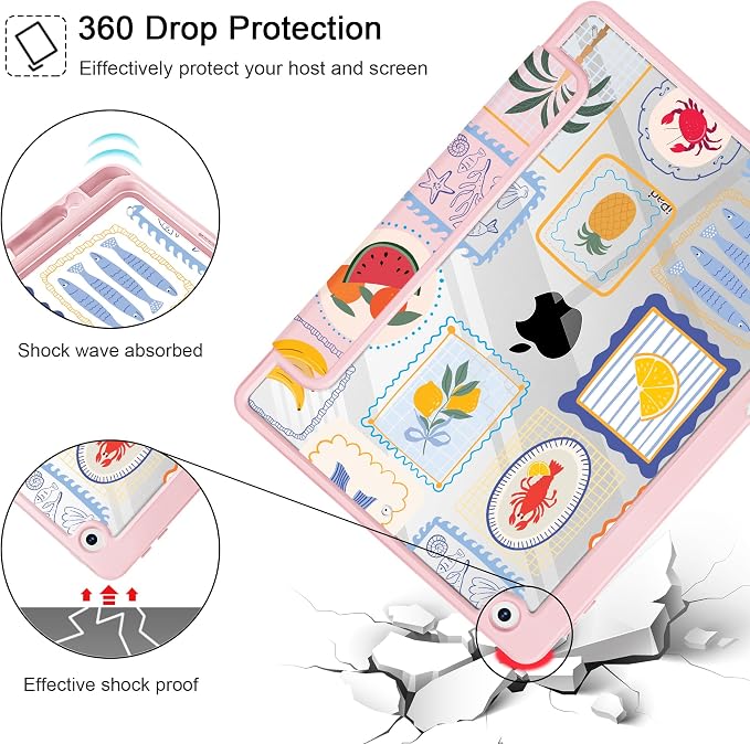 Case for iPad 9th/8th/7th Generation 10.2-Inch (2021/2020/2019 Release) with [Built-in Pencil Holder] Shockproof Cover with Clear Transparent Back Shell &amp Auto Wake/Sleep - Blue Bows