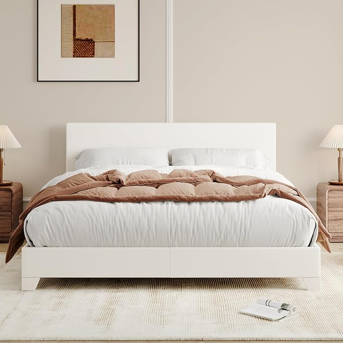 Allewie Queen Size Bed Frame with Adjustable Headboard, Faux Leather Platform Bed with Wood Slats, Heavy Duty Mattress Foundation, No Box Spring Needed, Noise-Free, Easy Assembly, White