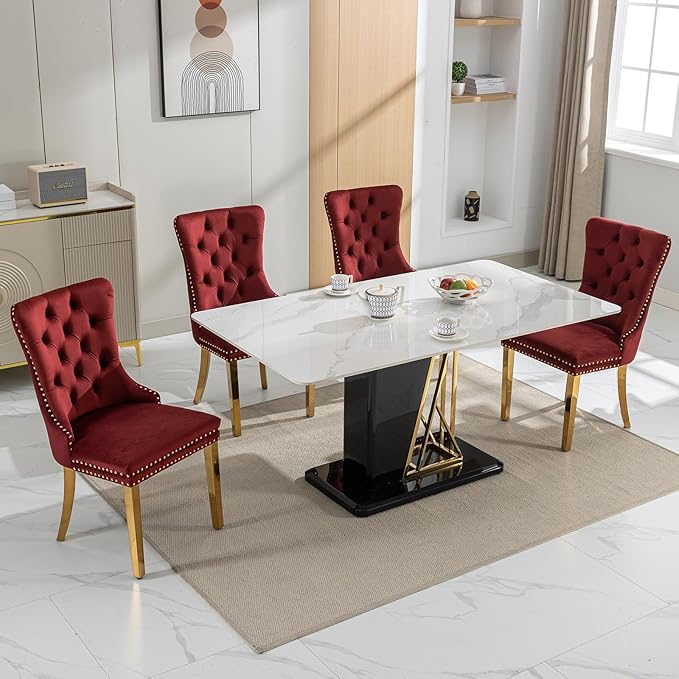 Luxury Upholstered Dining Chairs Set of 4, Red Kitchen Chair with Golden Metal Legs, Velvet Tufted Back Dining Chair, Sillas de Comedor, Modern Kitchen & Dining Room Chairs (Burgundyy, 4 Pcs)
