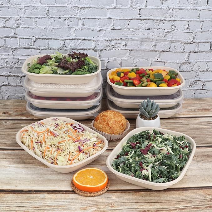 28 oz Disposable salad bowls with lids, Sugarcane Fiber paper Bowls take away Bagasse food containers meal prep food storage deli container 50 Pack