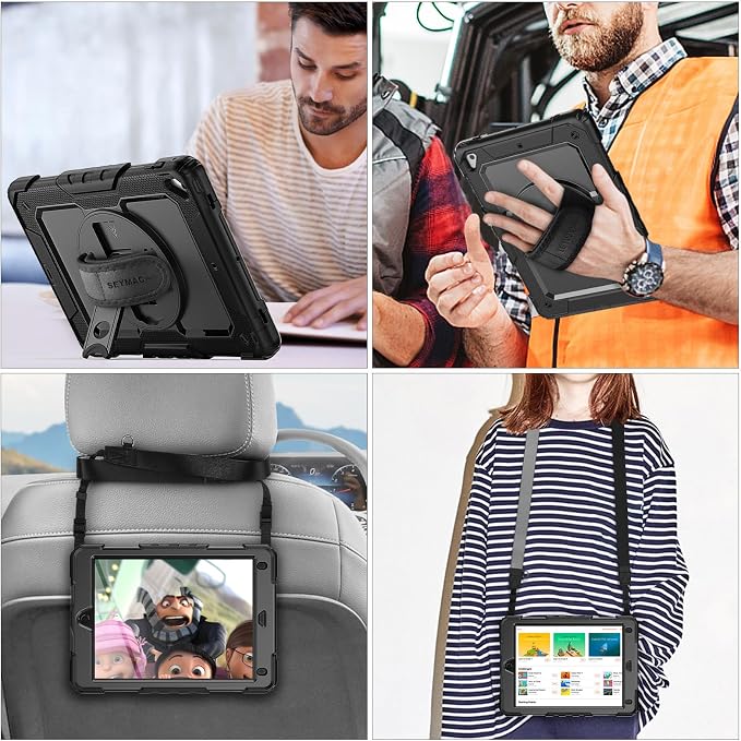 SEYMAC stock Case for iPad 6th / 5th Generation Case/Air 2 / Pro 9.7 inch Heavy Duty Protective with Screen Protector with Pencil Holder Hand Strap Shoulder Strap 360 Rotate Stand Black