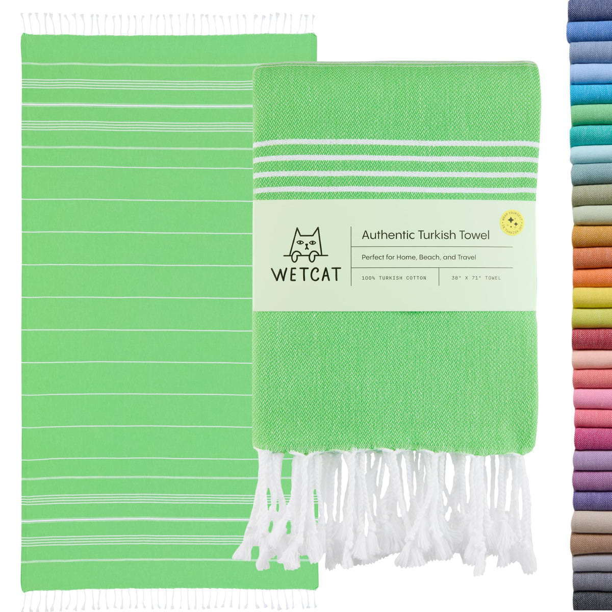WETCAT Turkish Beach Towel Oversized (38"x71") 100% Turkish Cotton, Made in Turkey - Sand Free, Extra Large, Ultra Soft, Quick Drying, Compact & Lightweight for Travel - Lime Green