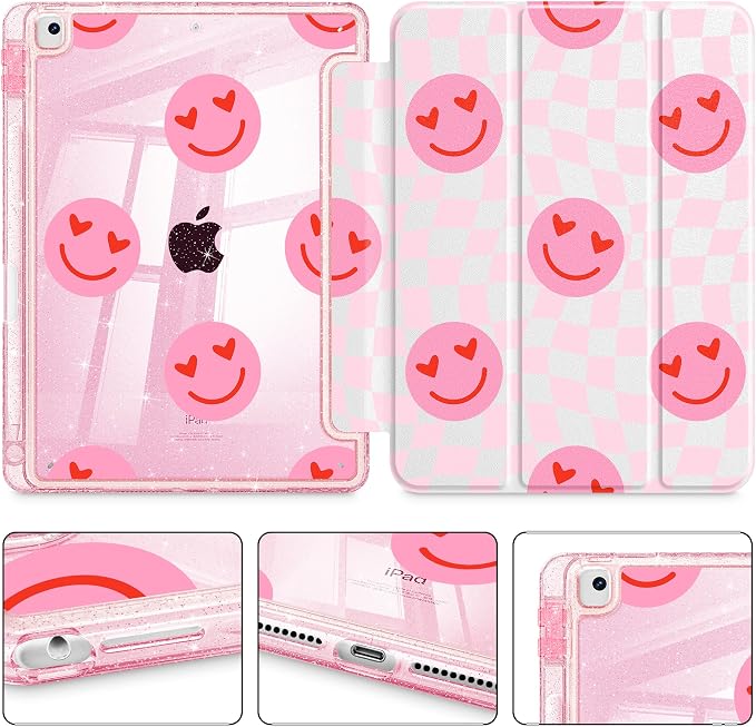 Case for iPad 9th/ 8th/ 7th Generation 10.2-Inch Case(2021/2020/2019 Release) Glitter Tablet Cases with Transparent Acrylic Back+Trifold Stand+Pencil Holder+Auto Wake/Sleep Bows-Stripe