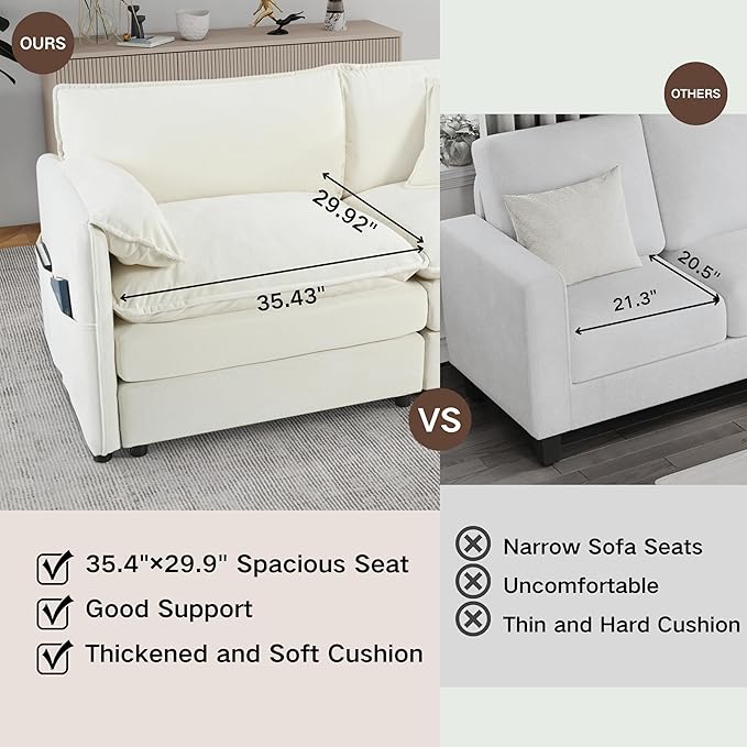 109.45" Oversized Extra Deep Seat Modern Chenille Cloud Couch, Large 3 Seater Modular Sofa for Living Room,Convertible Sofa Bed,Bedroom Apartment Office (White, 109.45 Inch+3Ottoman)