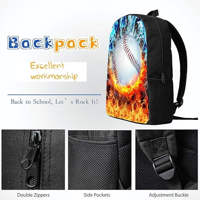3PCS Baseball Backpack Set for Boys, Lightweight Large Backpack with Lunch Box & Pencil Case, Cool Sport Bookbag for Kids, Back to School Backpacks for Elementary & Middle School - 01