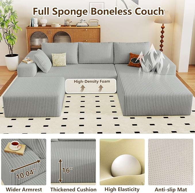 96" U-Shape Cloud Couch, Modern Modular Sectional L-Shape Sofa with Ottoman, Corduroy Upholstered Couches Deep Seat Chaise Longue for Living Room, No Assembly Required(Light Gray, Right Facing)