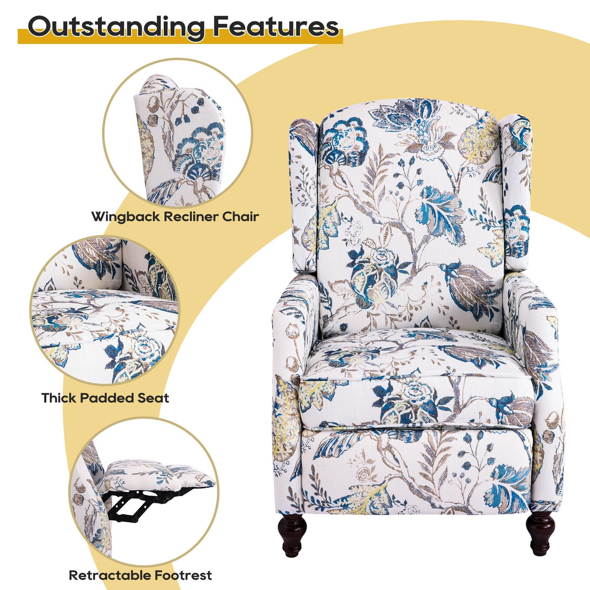 GUEAPY Mid Century Modern Wingback Recliner Chair for Adults, Push Back Upholstered Accent Chair with Floral Fabric, Manual Reclining Armchair for Living Room, Bedroom, Reading Corner (Blue Botanical)
