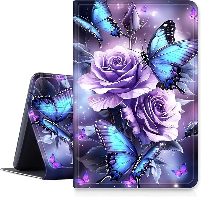 Case for Fire 7 2019/2017/2015Black Cat Purple Roses | DIGTIALL Slim Cover for Fire 7 Tablet 9th/7th/5th Gen 7.0 Folding Stand Protective Case Auto Sleep/Wake Smart Shell