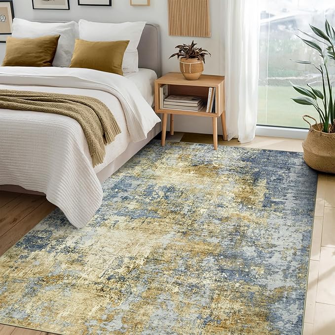 Area Rug Living Room Rugs - 5x7 Modern Abstract Soft Indoor Neutral Washable Rug Stain Resistant Non-Slip Low Pile Carpet for Bedroom Dining Room Home Office - Blue/Grey/Yellow