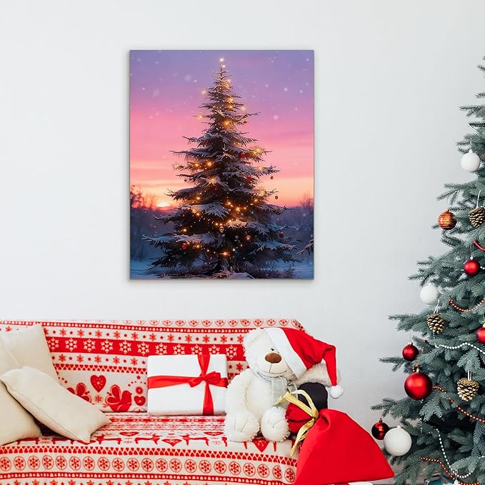 Framed Christmas Pictures Wall Decor,Vintage Pine Tree Prints,Winter Christmas Canvas Wall Art Decoration for Bedroom Bathroom Living Room Rustic Xmas Holiday Gifts (Christmas Tree 10, 12'' X 16'')