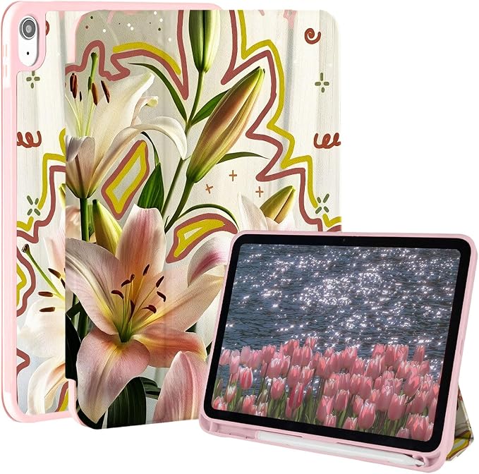 Case for iPad 9th/ 8th/ 7th Generation Case 10.2&amp10.5 Inch (2021/2020/2019 Release) Slim Lightweight Soft Trifold Back Cover with Pencil Holder &amp Auto Sleep/Wake Cover Cherries Cheetah Bows