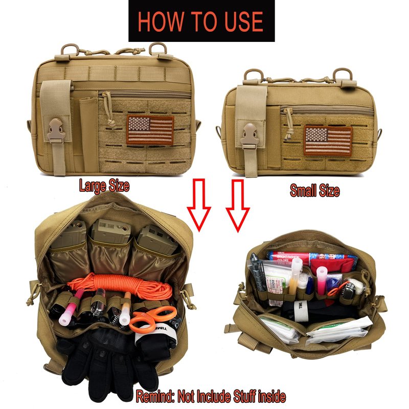 Taxatm Molle Admin Pouch with Laser Cutting Loop,EDC EMT Molle Pouches, Large Capacity Organizer Waist Pouch Include US Flag (Small Brown-Without Accessories)