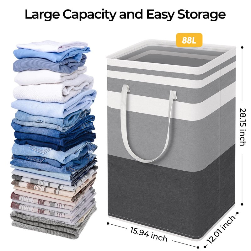 HomeHacks 3-Pack Large Laundry Basket, Waterproof, Freestanding Laundry Hamper, Collapsible Tall Clothes Hamper with Extended Handles for Clothes Toys in the Dorm and Family-(Gradient Grey, 88L)