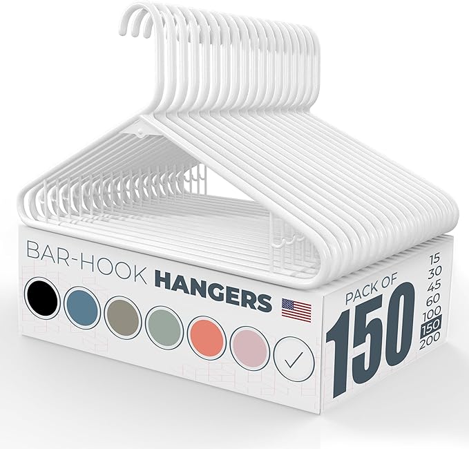 Neaties Plastic Hangers 100+ Pack (150 Count) – Made in the USA – 6lb Capacity Standard Clothes Hangers with Strap Hooks for Dresses, Lingerie, Shirts, Pants, and Jackets – White