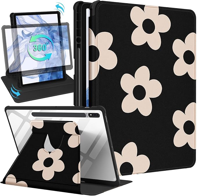 Wazzasoft for Samsung Galaxy Tab S7/S7 Plus/S8 Plus Case - 12.4 Inch Folio Cover with Pencil Holder - Women/Girl Cute Girly Black Flower Unique Design - Rotating Tablet Case