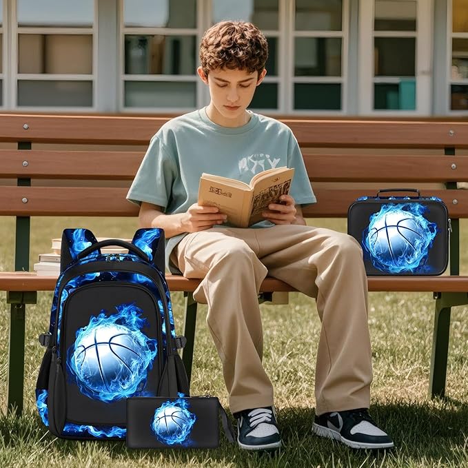 School Backpacks for Boys - 4pcs Basketball Boys Backpacks with Lunch Box Set for Kids Teens Elementary Middle School, 17″ Large Capacity Students Bookbag, Perfect for Travel