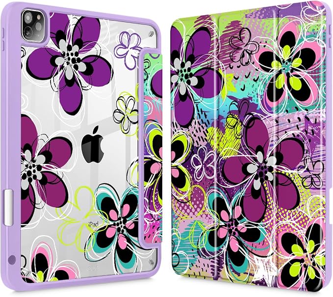 Case for iPad 12.9 Inch (6th/5th/4th/3rd Generation 2022/2021/2020/2018) Pencel Holder + Trifold Support Auto Sleep/Wake Transparent Shockproof Back Cover Abstract Floral SD163