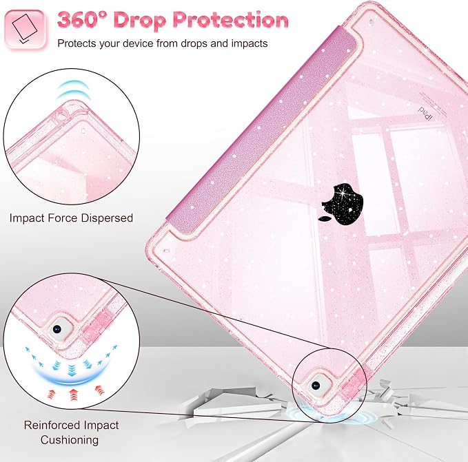Mektron Sparkly Case for iPad 10.2 inch Glitter Tablet Cases for iPad 9th Gen 2021/8th Gen 2020/7th Gen 2019 Cover with Shiny Clear Back Shell Foldable Bling Smart Cover Blue Floral