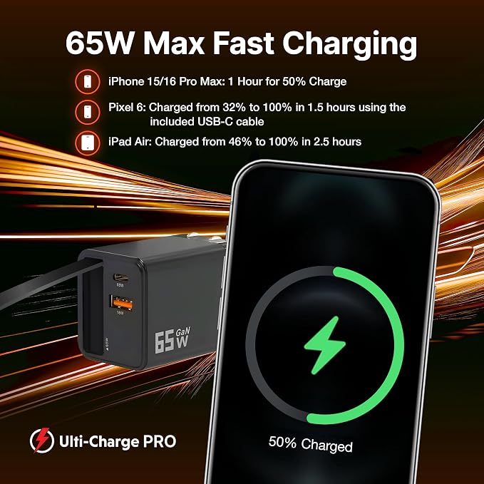 Ulti Charge Pro 65W USB C Charger with 25 Inch Retractable USB C Cable | Dual C/A Ports Foldable Plug Travel Adapter for iPhone Galaxy Pixel iPad Laptop Retractable USBC Phone Charger Fast