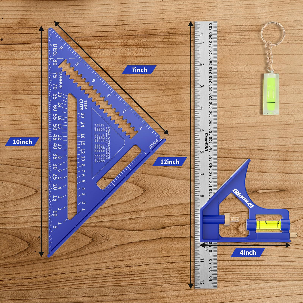 GRENPRO Combination Square Woodworking Ruler Tools, 7inch Carpenter Square Wood Working Tools and Accessories, 12inch Square Ruler, Includes 2-in-1 Carpentry Pencil, Protractor Angle Machinist Tool