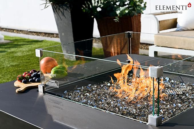Elementi+ | Bundle Bergamo Gas Fire Pit Cast Concrete 42" Square Fire Table, Outdoor Fire Pit Electronic Ignition | Canvas Cover, Fire Glass and Burner Lid Included | Dark Gray | Propane Gas
