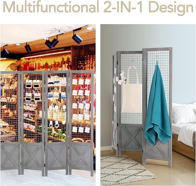 Wnutrees 4 Panel Gridwall Display, Portable Freestanding Display Board for Craft/Art Shows, Retail, Events, Decorative Wood Room Divider Folding Screens, Grey