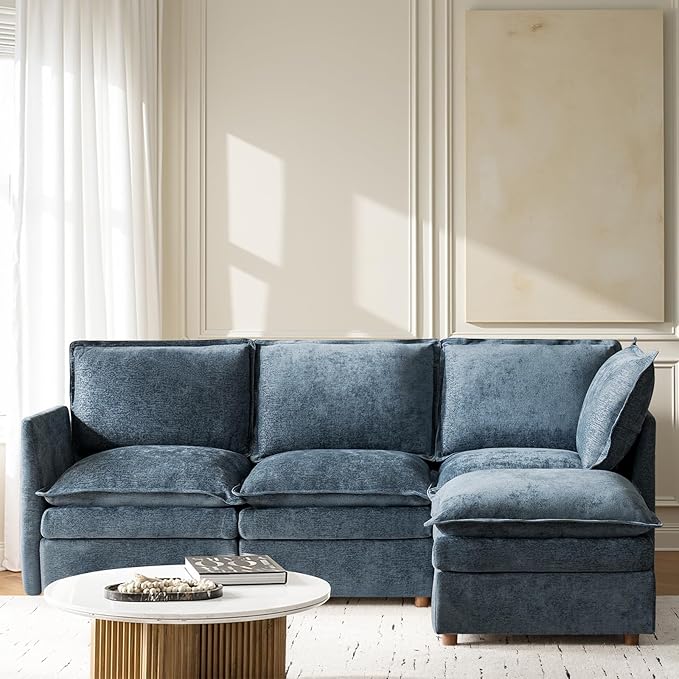 HULALA HOME 98'' Oversized Modular Sectional Sofa with Dual-Layered Cushions, L Shaped 4 Seater Couch with Storage Ottoman and Removable Cover, Modern Deep Seat Cloud Couch for Living Room, Blue