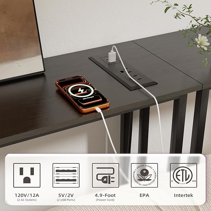 Narrow Console Table with Led Light and Charging Station，29.5" Small Entryway Table，Display Table，Entryway Hallway Thin Sofa Table Behind Sofa, Small Spaces, Living Room, Black
