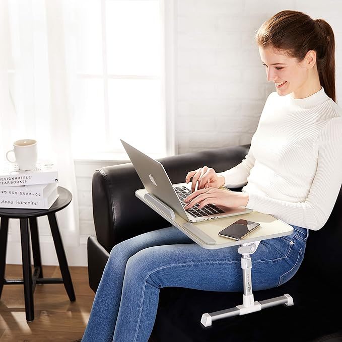 Amazon Basics Portable Foldable Adjustable Laptop Stand Tray Table Lap Desk for Bed and Couch, Fits up to 17-Inch Laptop, 12"x20", Cream