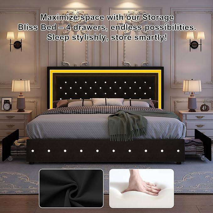 Full Bed Frame with LED Lights, Storage Drawers, No Box Spring Needed, 900 lbs Capacity, Easy Assembly, Velvet Black