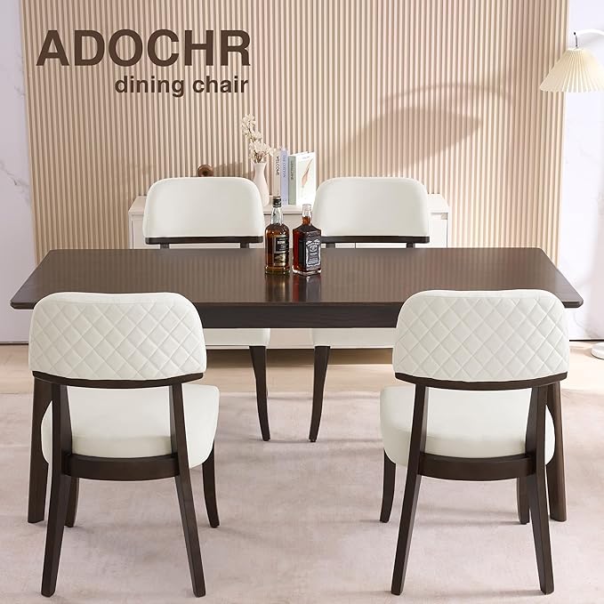 Modern Wood Dining Chairs Set of 2, Velvet Upholstered Kitchen Chairs with Open Curved Backrest & Black Hardwood Legs for Vanity, Living Room, 350 LBS Capacity, White