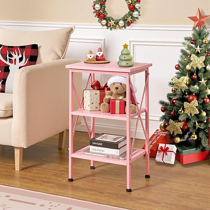 VECELO End Table Set of 2, Bedside Table, 24" Tall Living Room End Tables, X-Design Reinforced Nightstands, Side Table with 3-Tier Storage Shelves for Small Spaces, Office, Bedroom, Pink