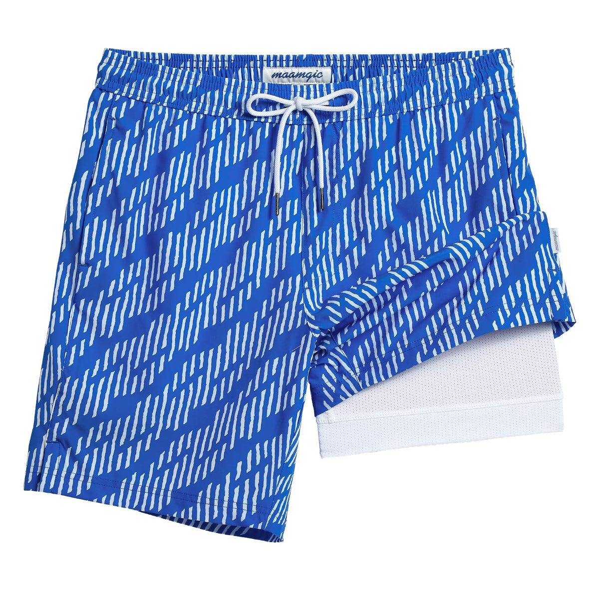 maamgic Mens Swim Trunks with Compression Liner 7 Inch Inseam Mens Bathing Suit Quick Dry Swimming Trunks Swimsuit Geometric Stripes Blue and White Large