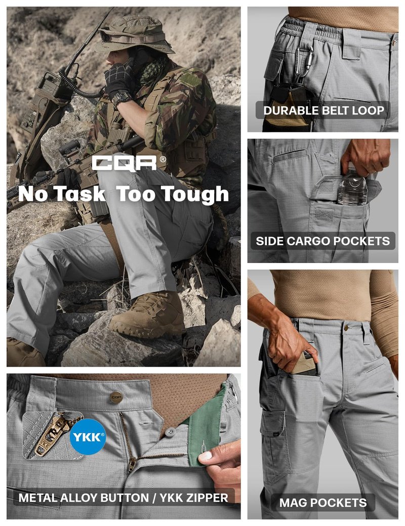 CQR Men's Tactical Pants, Water Resistant Ripstop Cargo Pants, Lightweight EDC Work Hiking Pants, Outdoor Apparel, Raider Stone, 44W x 30L