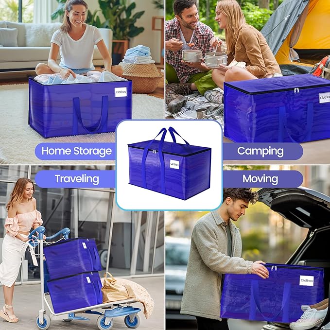 FabSpace Moving Storage Bags, Moving Supplies Packing Boxes for Moving, Camping, College Dorm Room Essentials for Girls, Blue Tote Bags, Heavy-Duty Storage Bins With Lids And Zippers, 125L 4 Pack