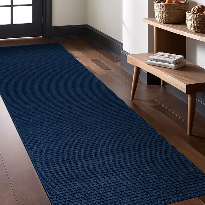 Non Slip Navy Solid Rubber Back Thing Runner Rugs for Living Room 2x7 for Kitchen, Rug for Bedroom and Hallway, Stain Resistant Easy Cleaning Non Shedding Carpet Navy 2 x 7
