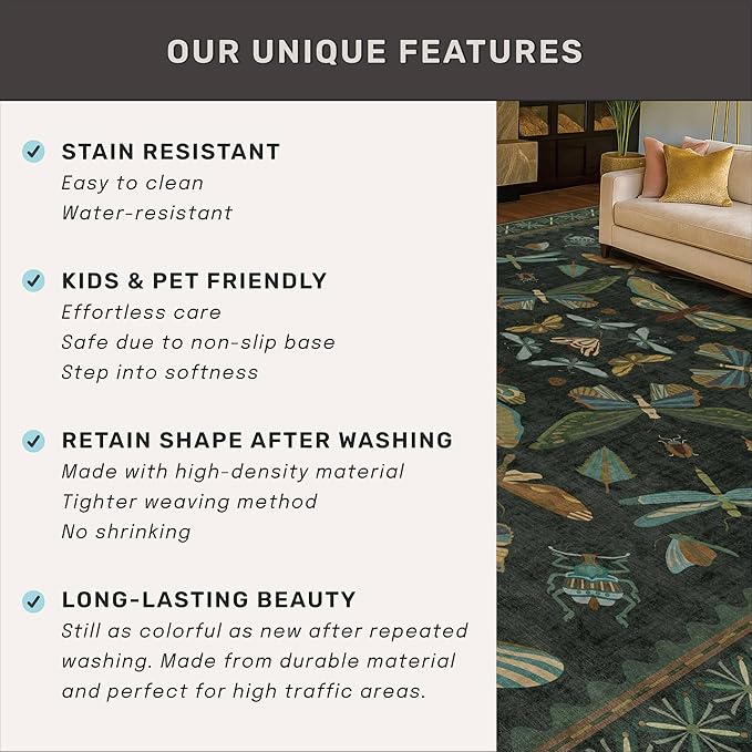 3x8 Dark Green Long Hallway Runner Rug - 8ft Washable Non Skid Wide Runner Rugs for Kitchen, Entrance, Boho Insect Indoor Décor, Low Pile & Soft Stain Resistant Carpet