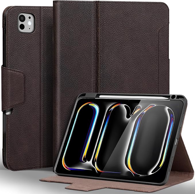 Gexmil Leather Case for iPad Pro 11 Inch M5/M4 2025/2024Crocodile Brown | Genuine Leather CoverPencil HolderMagnetic ClosureSmart Folio Auto Sleep/WakeProtectiveAdjustable Stand